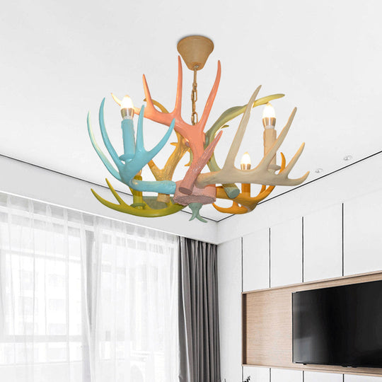 Antler Macaron Ceiling Chandelier - Resin, 4/6 Bulbs, Child Room Lighting in Blue-Pink-Yellow