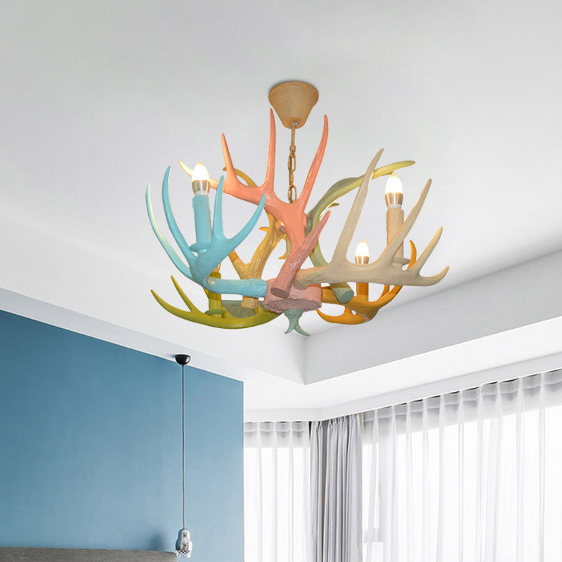 Antler Macaron Ceiling Chandelier - Resin, 4/6 Bulbs, Child Room Lighting in Blue-Pink-Yellow
