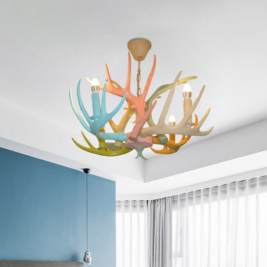Antler Macaron Ceiling Chandelier - Resin, 4/6 Bulbs, Child Room Lighting in Blue-Pink-Yellow
