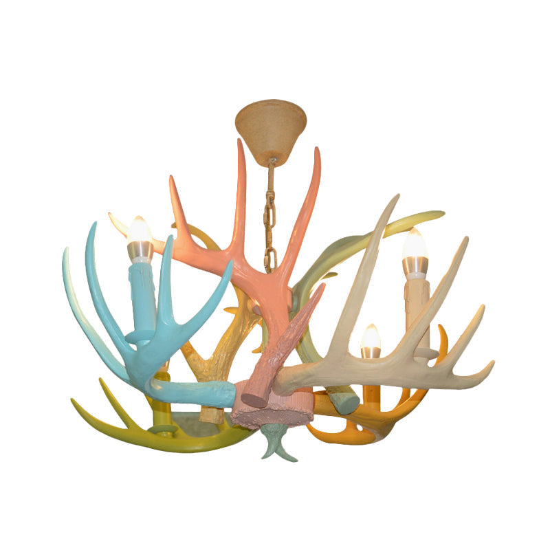 Antler Macaron Ceiling Chandelier - Resin, 4/6 Bulbs, Child Room Lighting in Blue-Pink-Yellow