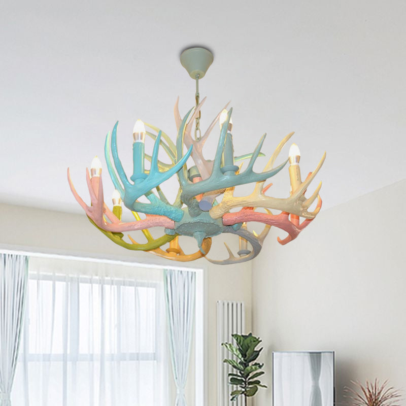 Antler Macaron Ceiling Chandelier - Resin, 4/6 Bulbs, Child Room Lighting in Blue-Pink-Yellow