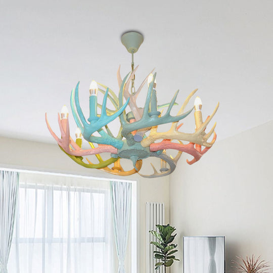 Antler Macaron Ceiling Chandelier - Resin, 4/6 Bulbs, Child Room Lighting in Blue-Pink-Yellow