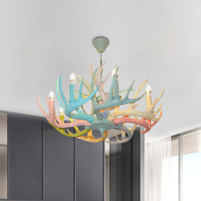 Antler Macaron Ceiling Chandelier - Resin, 4/6 Bulbs, Child Room Lighting in Blue-Pink-Yellow