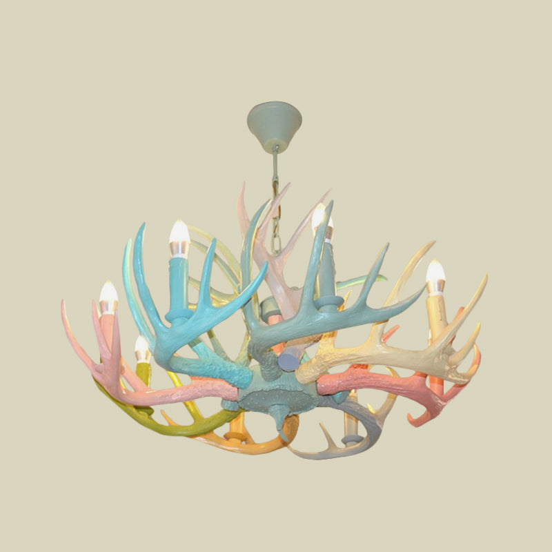 Antler Macaron Ceiling Chandelier - Resin, 4/6 Bulbs, Child Room Lighting in Blue-Pink-Yellow