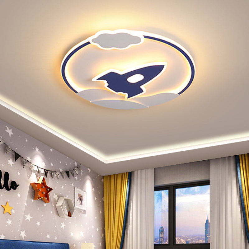 Blue Rocket LED Flushmount Lamp: Cartoon Acrylic Light for Kids' Bedroom - Warm/White Glow