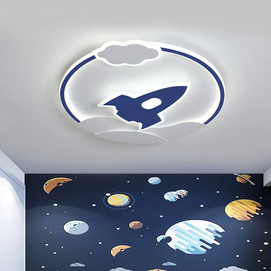 Blue Rocket LED Flushmount Lamp: Cartoon Acrylic Light for Kids' Bedroom - Warm/White Glow