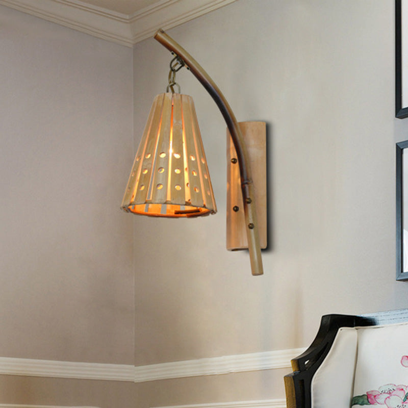 Japanese Tapered Wood Sconce - Beige Wall Mounted Light Fixture for Restaurants