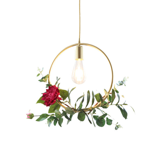 Gold Drop Pendant with Iron Frame and Fake Rose