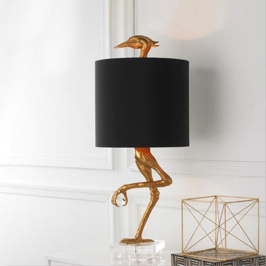 Golden Ostrich Resin Night Table Light - Classic Bedroom Lamp with Fabric Shade