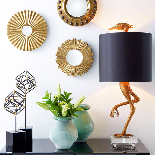 Golden Ostrich Resin Night Table Light - Classic Bedroom Lamp with Fabric Shade