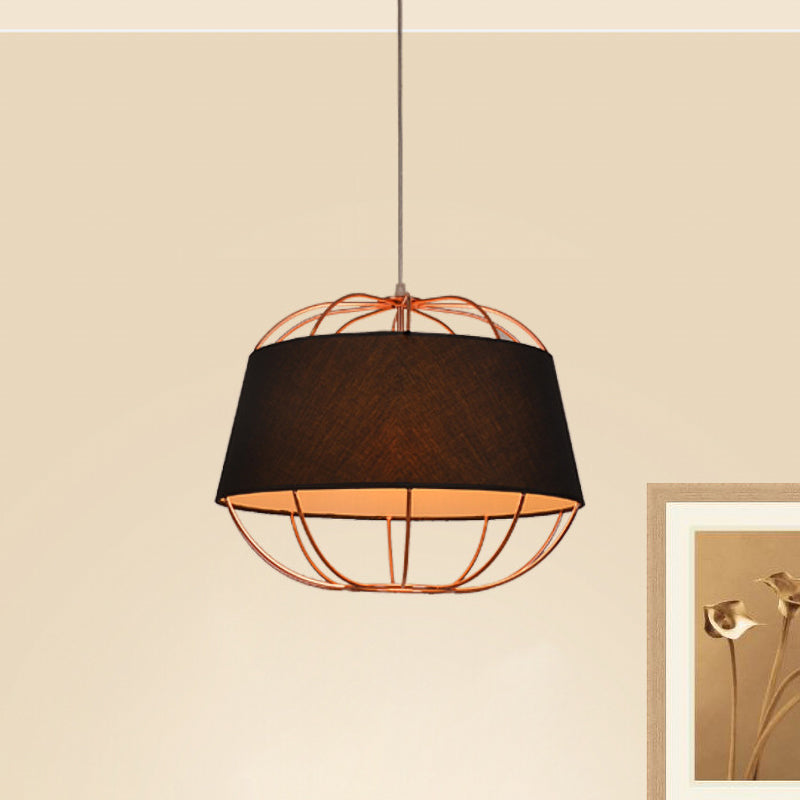 Country Style 1-Bulb Pendant Light Kit - Tapered Drum Fabric Hanging Lamp in White/Black with Wire Cage