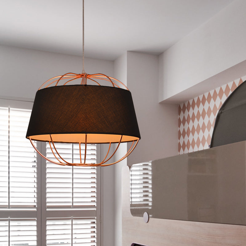 Country Style 1-Bulb Pendant Light Kit - Tapered Drum Fabric Hanging Lamp in White/Black with Wire Cage