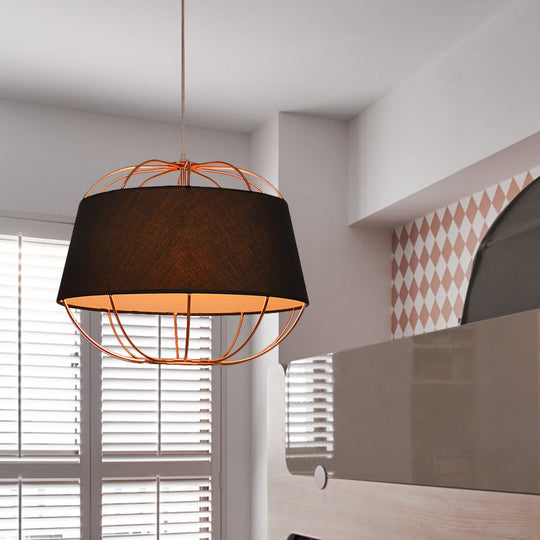 Country Style 1-Bulb Pendant Light Kit - Tapered Drum Fabric Hanging Lamp in White/Black with Wire Cage