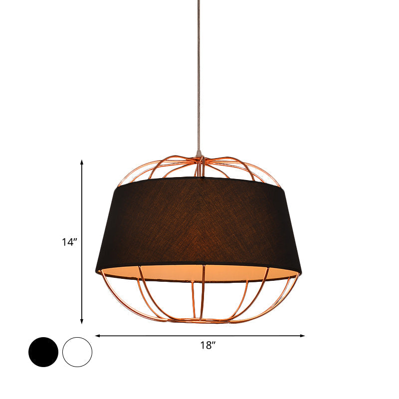 Country Style 1-Bulb Pendant Light Kit - Tapered Drum Fabric Hanging Lamp in White/Black with Wire Cage