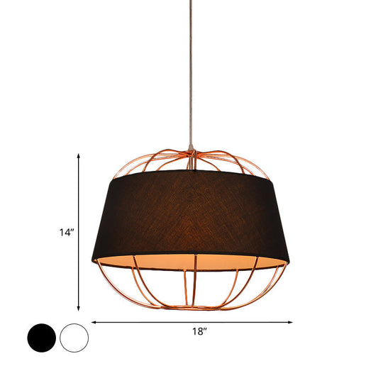 Country Style 1-Bulb Pendant Light Kit - Tapered Drum Fabric Hanging Lamp in White/Black with Wire Cage