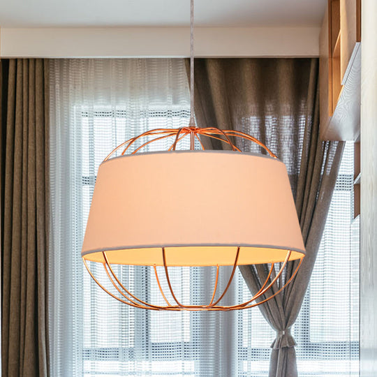 Country Style 1-Bulb Pendant Light Kit - Tapered Drum Fabric Hanging Lamp in White/Black with Wire Cage