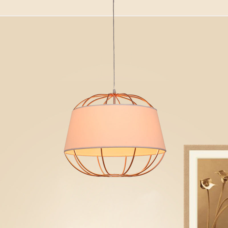Country Style 1-Bulb Pendant Light Kit - Tapered Drum Fabric Hanging Lamp in White/Black with Wire Cage
