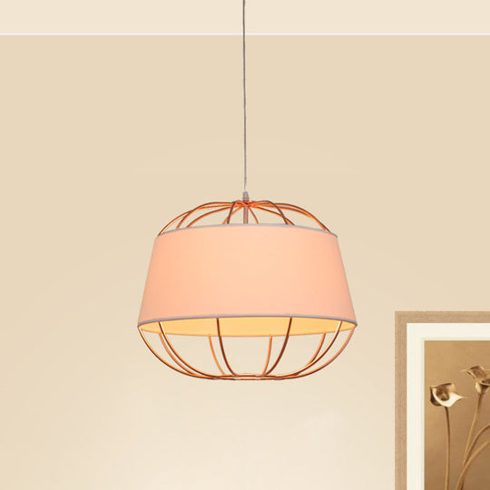 Country Style 1-Bulb Pendant Light Kit - Tapered Drum Fabric Hanging Lamp in White/Black with Wire Cage
