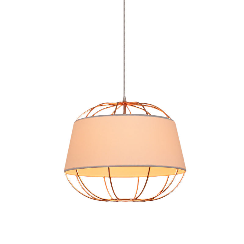 Country Style 1-Bulb Pendant Light Kit - Tapered Drum Fabric Hanging Lamp in White/Black with Wire Cage
