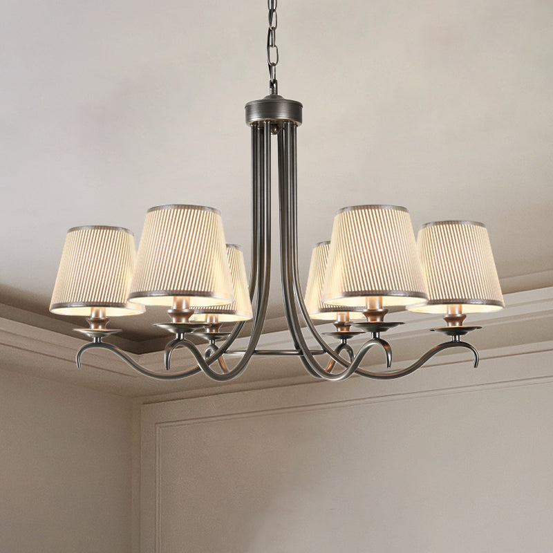 Classic Style Fabric Cone Chandelier Light – 6 Heads, Silver/Blue/White