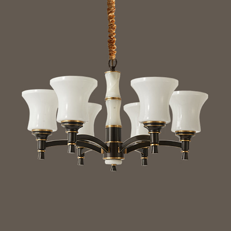Retro Hanging Chandelier with White Bell Glass Shades - 6/8 Lights, Black Finish
