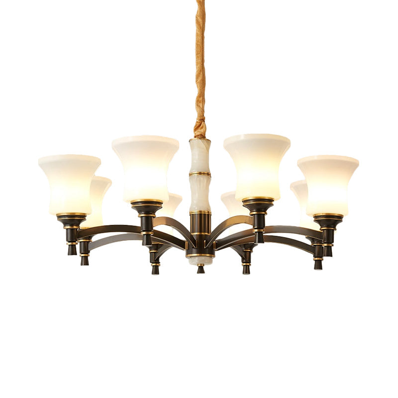 Retro Hanging Chandelier with White Bell Glass Shades - 6/8 Lights, Black Finish