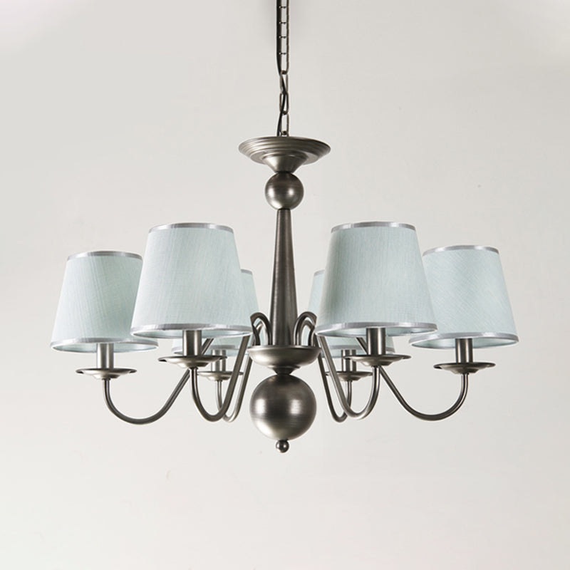 Silver/Blue/White Metal Hanging Light with Curving Arm - Rustic Pendant Chandelier (6 Lights) and Cone Fabric Shade