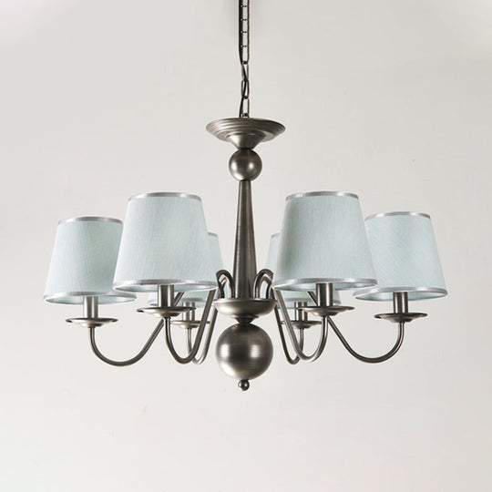 Silver/Blue/White Metal Hanging Light with Curving Arm - Rustic Pendant Chandelier (6 Lights) and Cone Fabric Shade