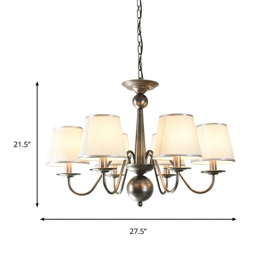 Silver/Blue/White Metal Hanging Light with Curving Arm - Rustic Pendant Chandelier (6 Lights) and Cone Fabric Shade