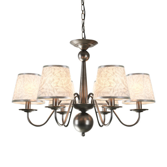 Silver/Blue/White Metal Hanging Light with Curving Arm - Rustic Pendant Chandelier (6 Lights) and Cone Fabric Shade