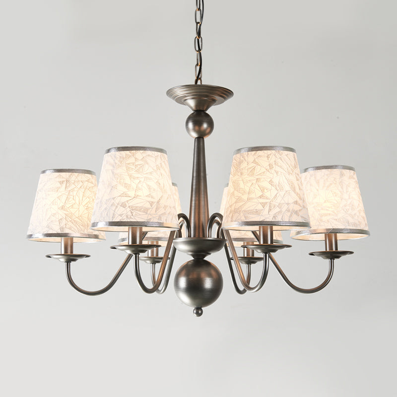 Silver/Blue/White Metal Hanging Light with Curving Arm - Rustic Pendant Chandelier (6 Lights) and Cone Fabric Shade
