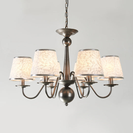 Silver/Blue/White Metal Hanging Light with Curving Arm - Rustic Pendant Chandelier (6 Lights) and Cone Fabric Shade