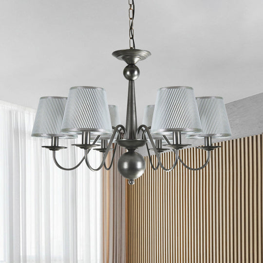 Silver/Blue/White Metal Hanging Light with Curving Arm - Rustic Pendant Chandelier (6 Lights) and Cone Fabric Shade