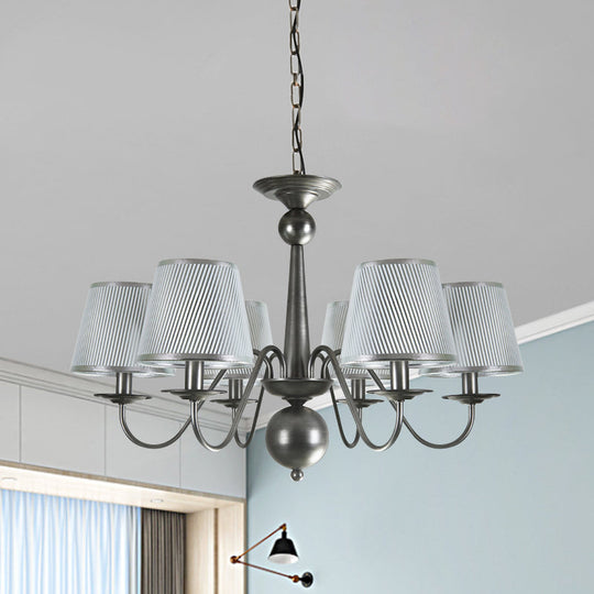 Silver/Blue/White Metal Hanging Light with Curving Arm - Rustic Pendant Chandelier (6 Lights) and Cone Fabric Shade