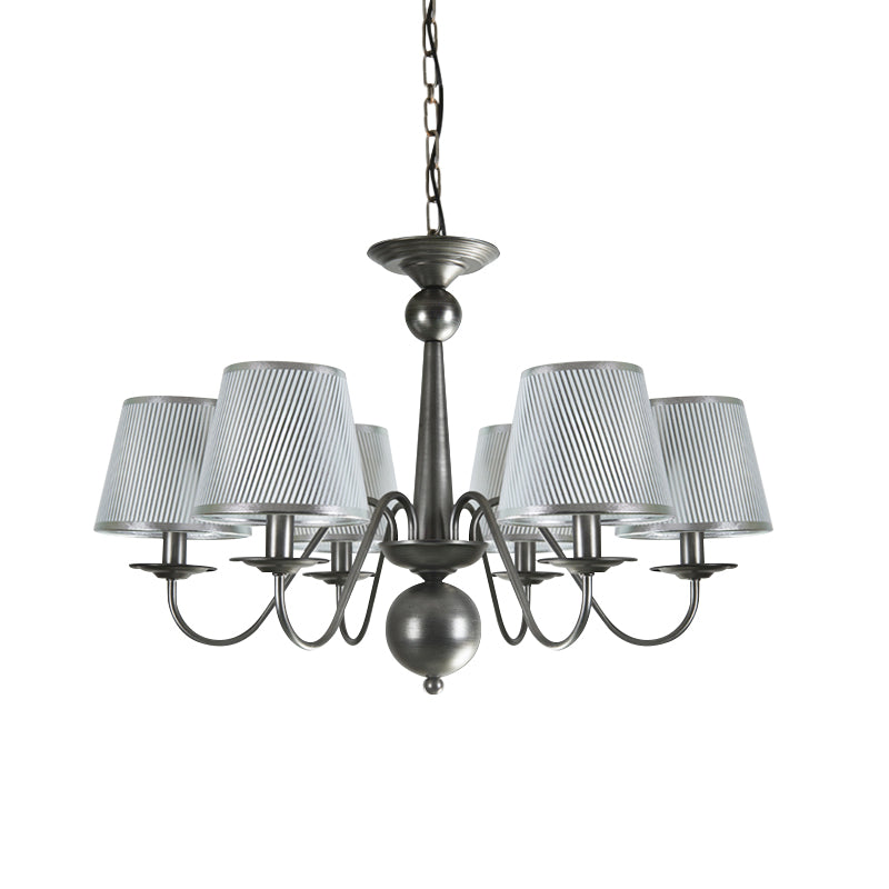 Silver/Blue/White Metal Hanging Light with Curving Arm - Rustic Pendant Chandelier (6 Lights) and Cone Fabric Shade