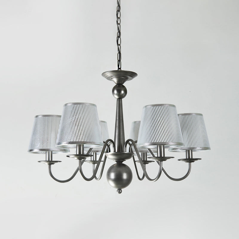 Silver/Blue/White Metal Hanging Light with Curving Arm - Rustic Pendant Chandelier (6 Lights) and Cone Fabric Shade