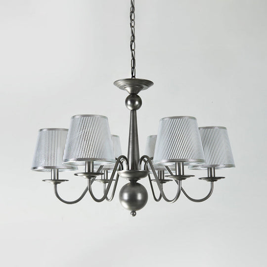 Silver/Blue/White Metal Hanging Light with Curving Arm - Rustic Pendant Chandelier (6 Lights) and Cone Fabric Shade