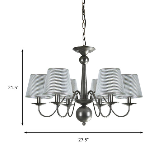 Silver/Blue/White Metal Hanging Light with Curving Arm - Rustic Pendant Chandelier (6 Lights) and Cone Fabric Shade