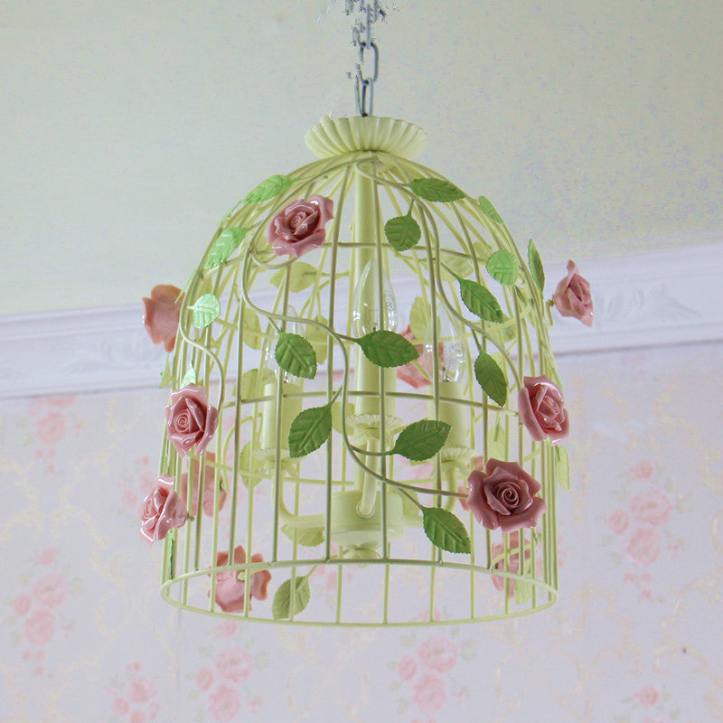 Iron Beige Birdcage Chandelier with Rose Vine and 3-Light Countryside Fixture