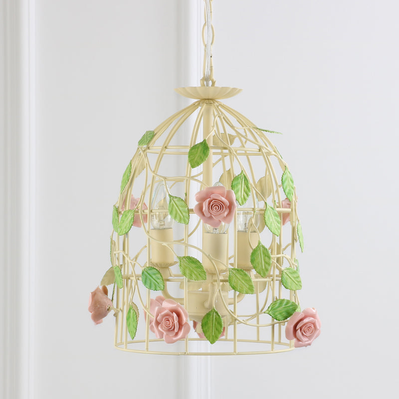 Iron Beige Birdcage Chandelier with Rose Vine and 3-Light Countryside Fixture