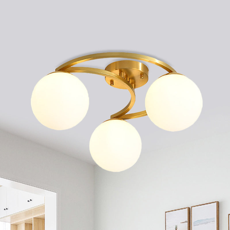 Modern Brass Milk Glass Flush Light with Crescent Canopy - 3/6 Head Close to Ceiling Lamp