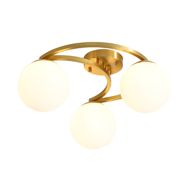 Modern Brass Milk Glass Flush Light with Crescent Canopy - 3/6 Head Close to Ceiling Lamp