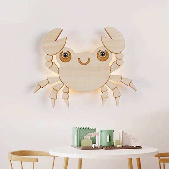 Crab Kids LED Wall Sconce Wood Cartoon Lamp - Beige