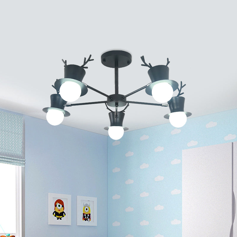 Nordic Grey/Black 5/8-Head Rotatable Chandelier Light with Antler Cap Iron Shade