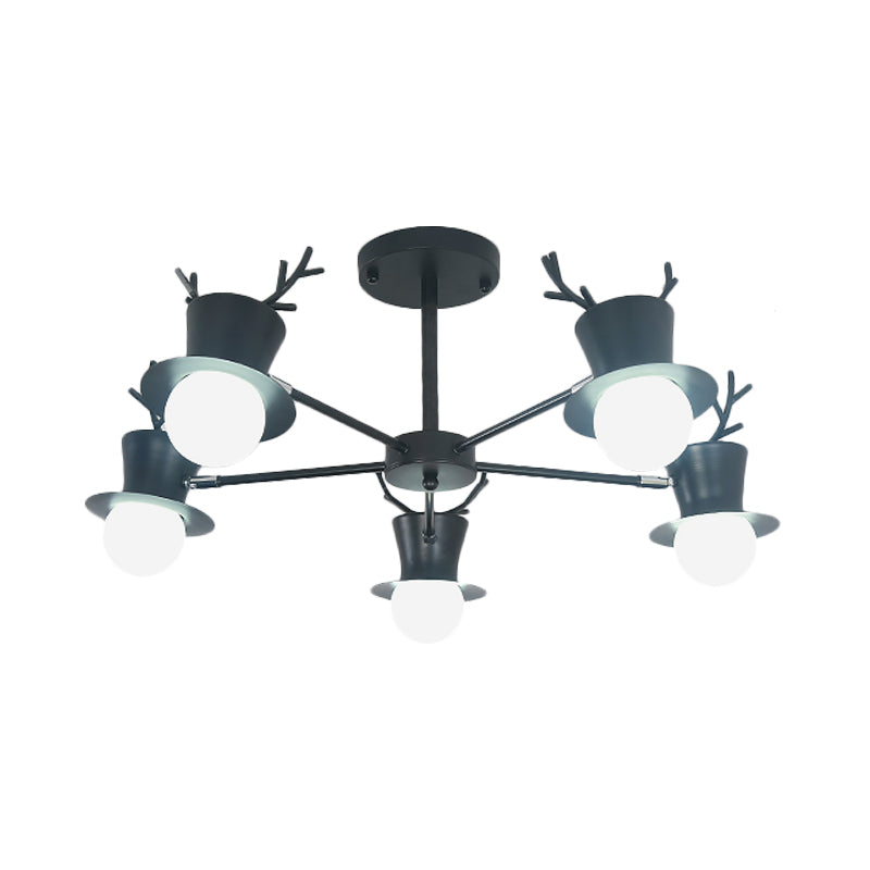 Nordic Grey/Black 5/8-Head Rotatable Chandelier Light with Antler Cap Iron Shade