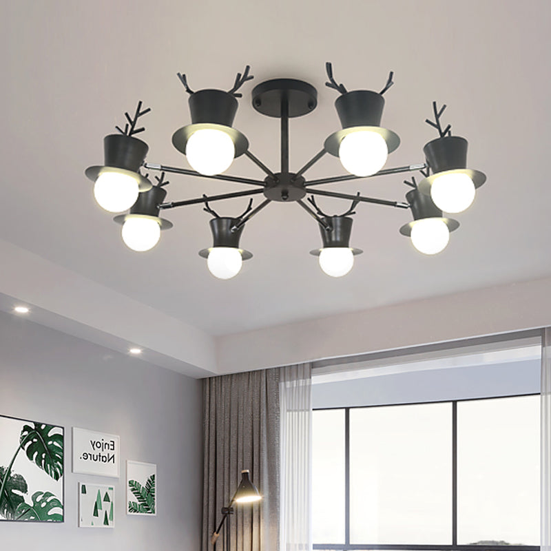 Nordic Grey/Black 5/8-Head Rotatable Chandelier Light with Antler Cap Iron Shade