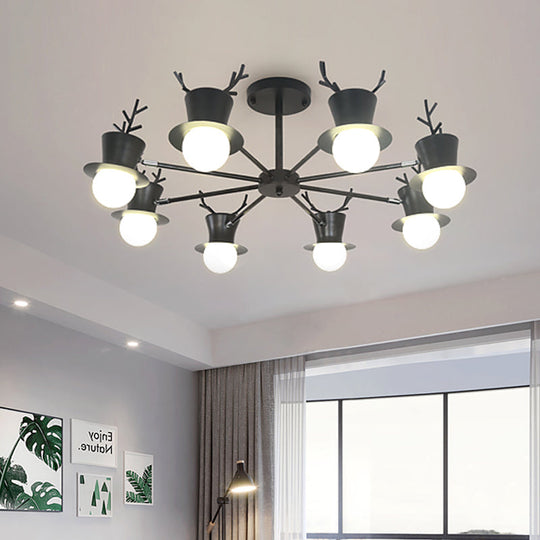 Nordic Grey/Black 5/8-Head Rotatable Chandelier Light with Antler Cap Iron Shade