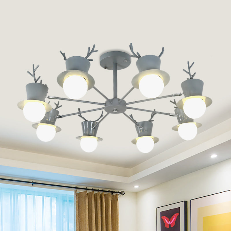 Nordic Grey/Black 5/8-Head Rotatable Chandelier Light with Antler Cap Iron Shade