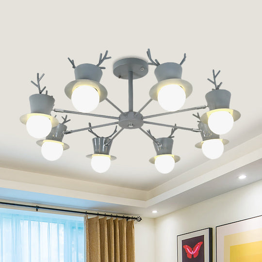 Nordic Grey/Black 5/8-Head Rotatable Chandelier Light with Antler Cap Iron Shade