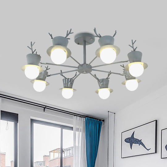 Nordic Grey/Black 5/8-Head Rotatable Chandelier Light with Antler Cap Iron Shade